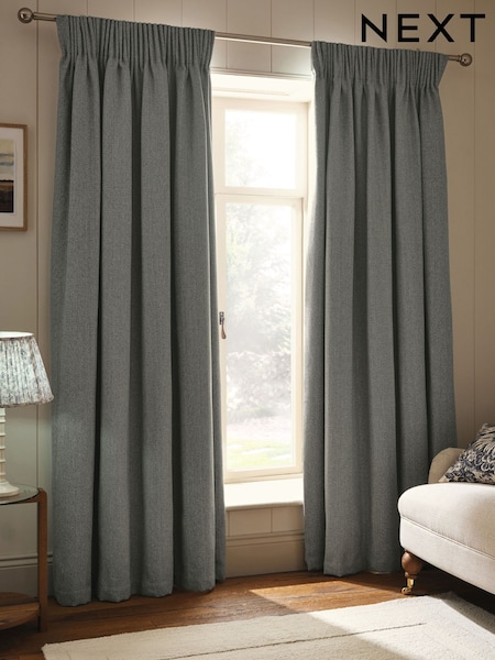 Grey Brushed Herringbone Pencil Pleat Blackout Thermal Curtains (H45508) | €72 - €198