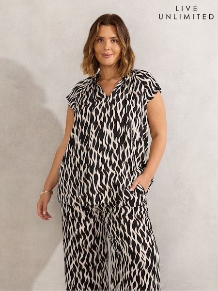 Live Unlimited Black Curve Mono Print Short Sleeve Tie Neck Blouse (H45692) | €86
