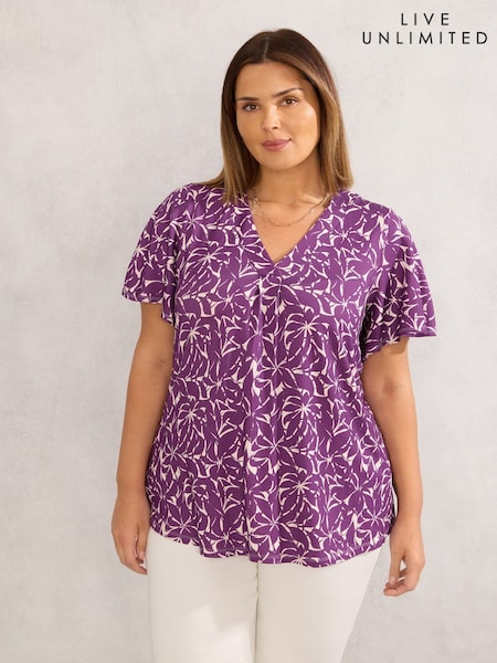 Violet - Live Unlimited Curve Leaf Print Jersey Pleat Front Flutter Sleeve Top (H45696) | 410 LEI