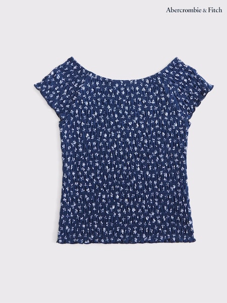 Albastru - Abercrombie & Fitch Cropped Smocked T-Shirt (H45864) | 149 LEI