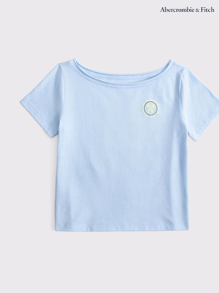 Abercrombie & Fitch Blue Off The Shoulder Graphic Print T-Shirt (H45880) | 142 LEI