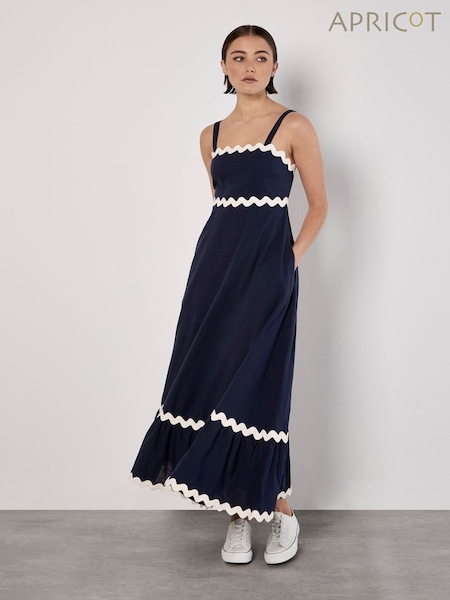 Apricot Blue Rick Rack Trim Trapeze Midaxi 100% Cotton Dress (H45960) | €69