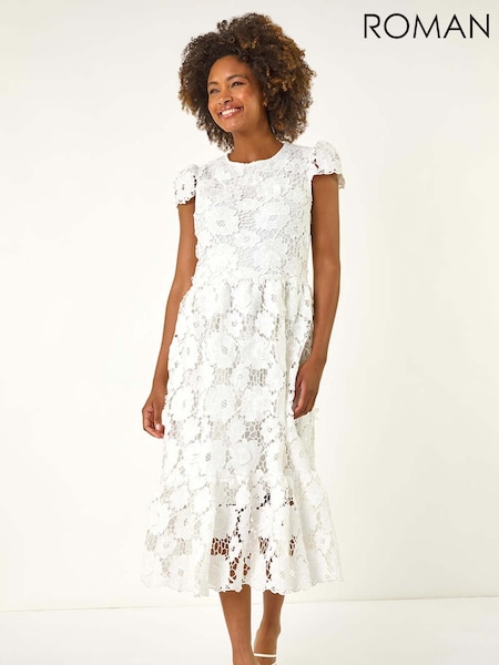 Roman White Crochet Floral Print Lace Midi Dress (H46068) | €102