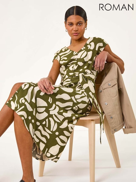 Roman Green Geometric Button Detail Midi Dress (H46073) | R$ 665