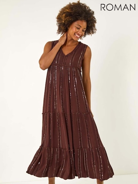 Коричневый - Roman Sequin Tiered Maxi Dress (H46076) | €80