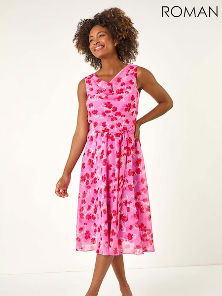 Roman Pink Floral Print Chiffon Cowl Neck Dress (H46082) | € 86