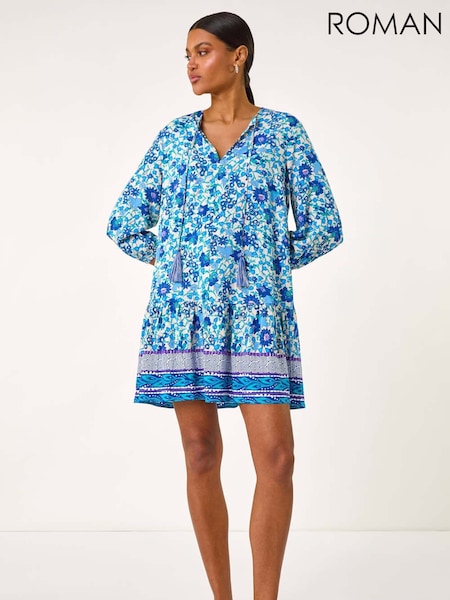 Синий - Roman Floral Print Border Smock Dress (H46089) | €56