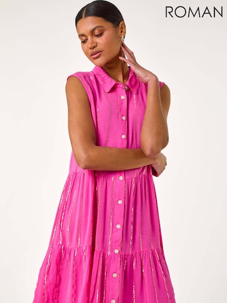 Roman Pink Shimmer Buttoned Shirt Dress (H46101) | kr643