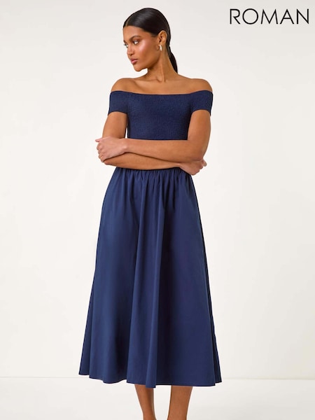 Roman Blue Plain Shirred 100% Cotton Midi Dress (H46105) | €60