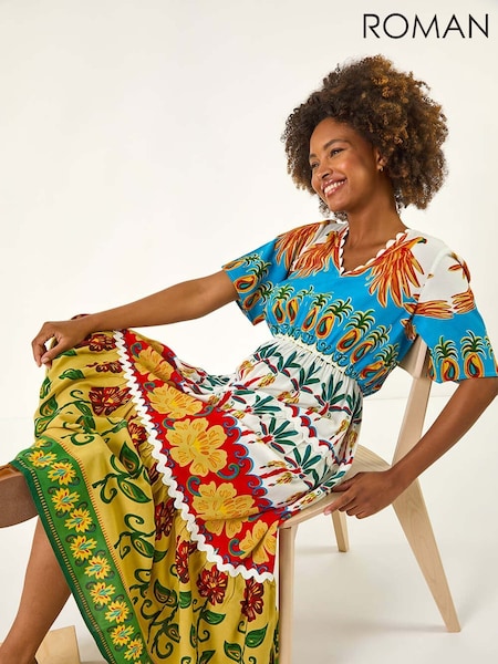 Roman Red Tropical Print V-Neck Midi Dress (H46108) | €69