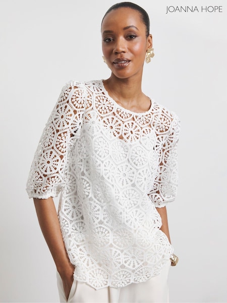 Joanna Hope Crochet Puff Sleeve White Blouse (H46112) | €83