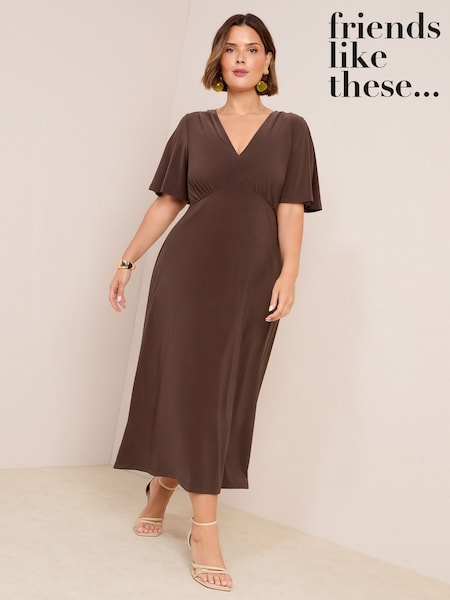 Friends Like These Chocolate Brown Curve V-Neck ITY Flutter Sleeve Midi Dress (H46171) | € 46