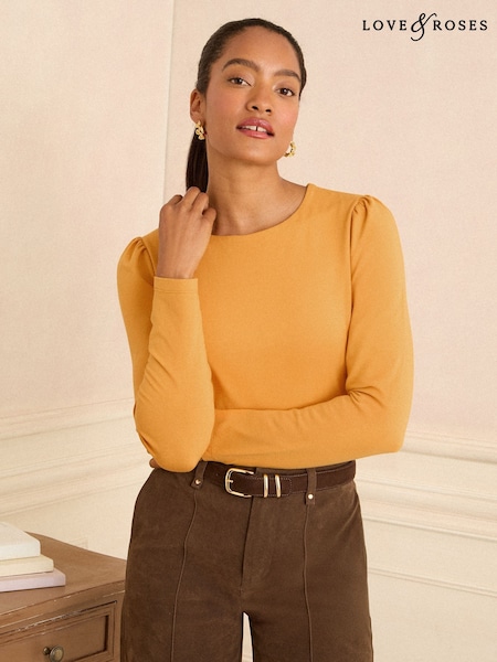 Chartreuse - Love & Roses Puff Shoulder Long Shoulder Jersey Top (H46229) | 28 €