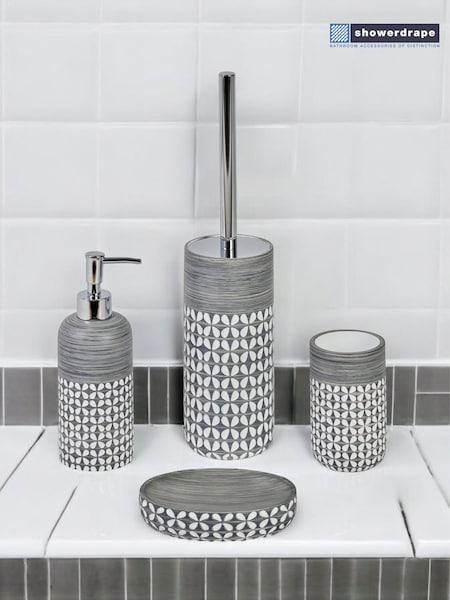 Showerdrape 4 Piece Grey Ravello Geo Floral Bathroom Accessory Set (H46352) | €100
