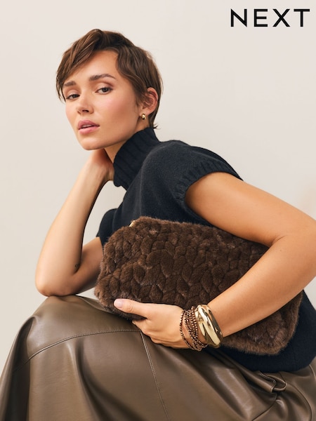 Chocolate Brown Fur Panel Clutch Bag (H46504) | €47
