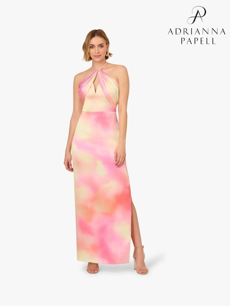 Adrianna By Adrianna Papell Pink Printed Sateen Long Dress (H46516) | ‏1,504‏₪