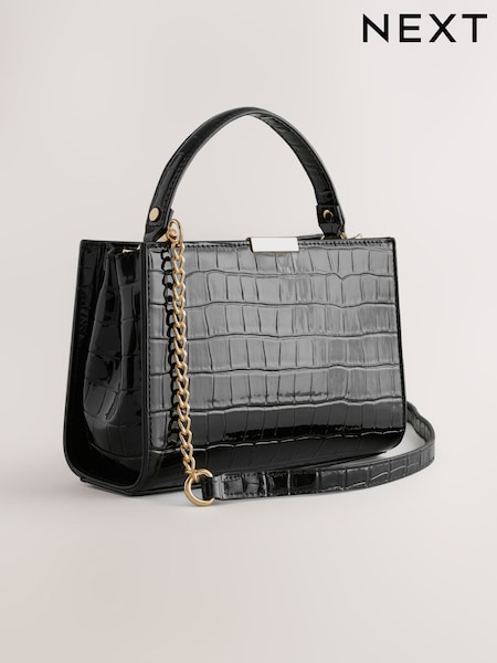 Black Top Handle Croc Effect Bag (H46536) | R$ 330