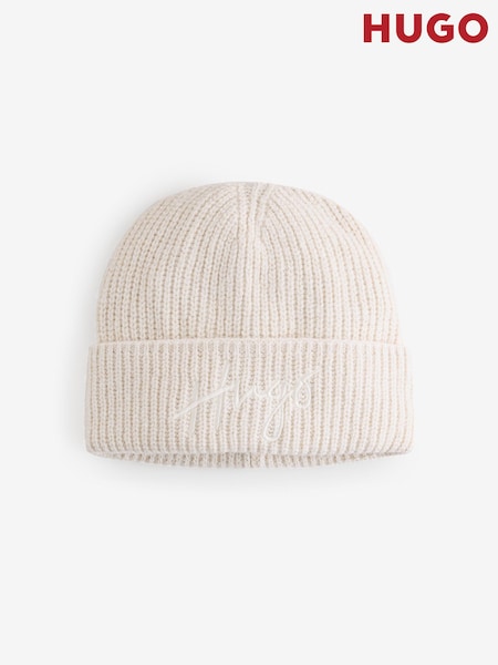 HUGO White Script Logo Knitted Beanie Hat (H46611) | €101