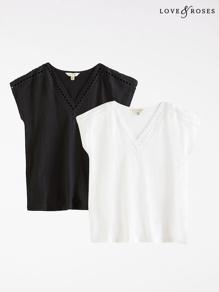 Love & Roses X2 Black and Ivory Lace Trim T-Shirts 2 Pack (H46646) | €50