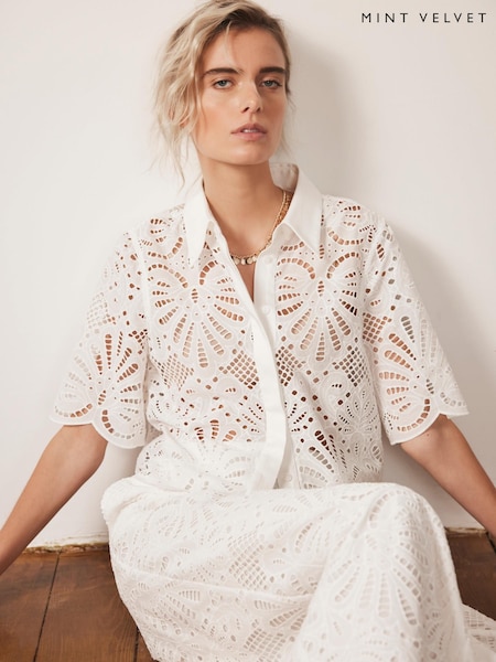 Mint Velvet White Broderie Cropped Shirt (H46697) | ₪448