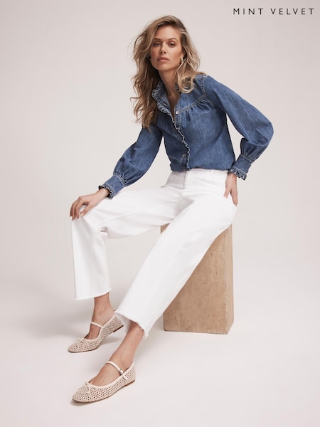 Mint Velvet Blue Ruffle Denim 100% Cotton Blouse (H46712) | €126