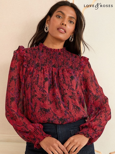 Love & Roses Red Snake Petite Long Sleeve Shirred Blouse (H46779) | OMR22