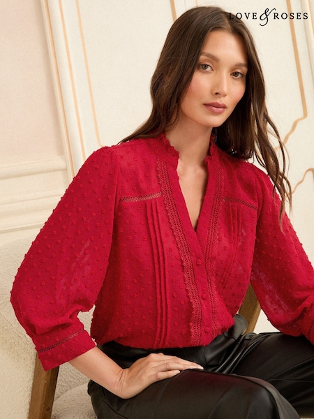 Vermelho - Love & Roses Dobby Notch Neck 3/4 Sleeve Blouse (H46780) | R$ 355