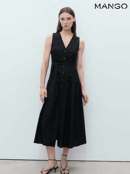 Mango Black Button Through Belted Linen Blend Midi Dress (H46808) | €66
