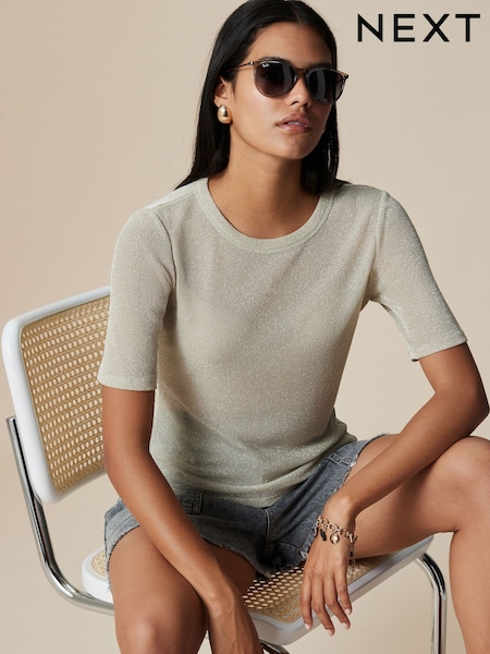 Champagne Gold Sparkle Half Sleeve Crew Neck T-shirt (H47083) | €29
