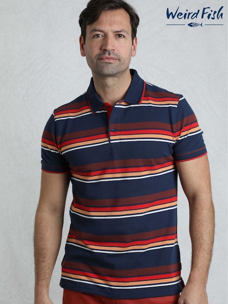 Weird Fish Blue Sunbury Striped Pique 100% Cotton Polo Shirt (H47100) | 208 QAR