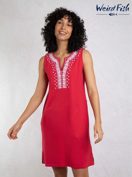 Weird Fish Red Anaya Embroidered Jersey 100% Cotton Shift Dress (H47107) | €53