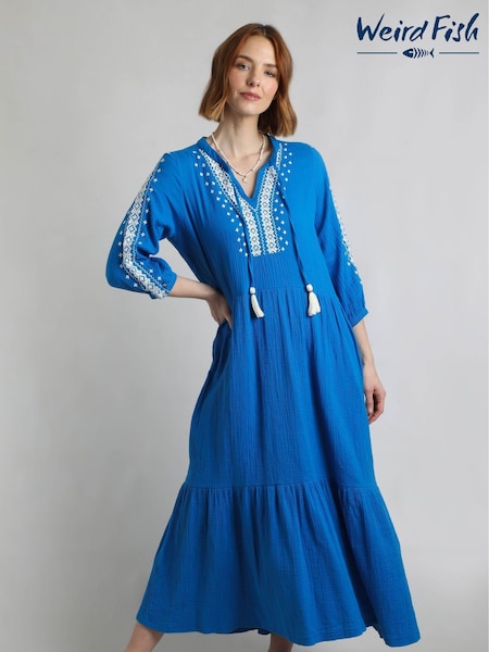 Weird Fish Blue Arles Embroidered Double Cloth 100% Cotton Dress (H47131) | €99