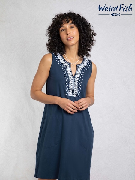 Weird Fish Blue Anaya Embroidered Jersey 100% Cotton Shift Dress (H47140) | ₪201