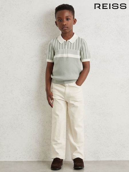 Reiss Sage Green/Off White Hugo Cotton Stripe Knit Half-Zip Polo Shirt (H47152) | €55