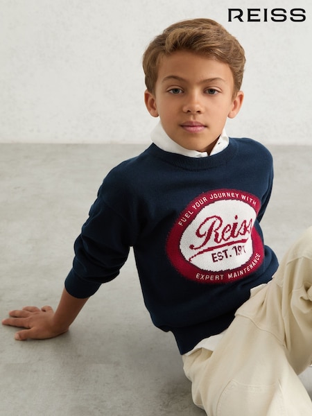 Reiss Navy Blaine 9-13 yrs Cotton Motor Cars Logo Jumper (H47154) | €60