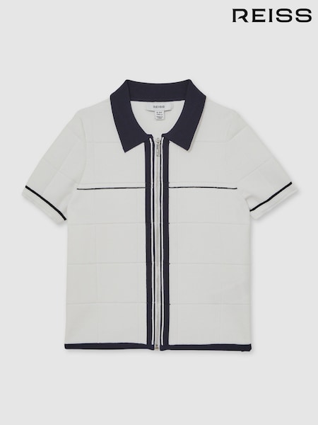 Reiss White/Navy Baxter Tipped Knit Zip-Through Shirt (H47162) | €70