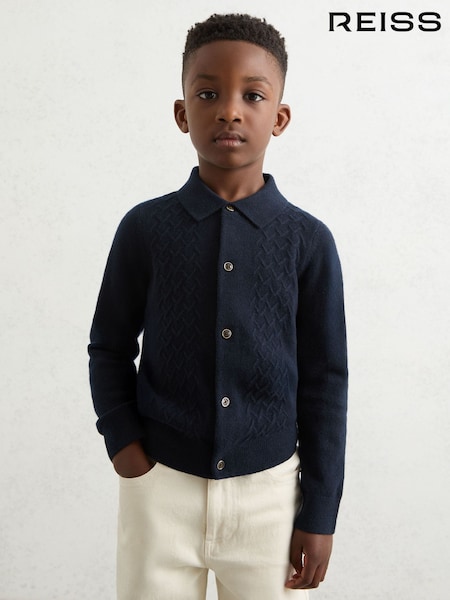 Reiss Navy Blue Gideon 3-9 yrs Wool V-Stitch Button-Through Cardigan (H47168) | AED288