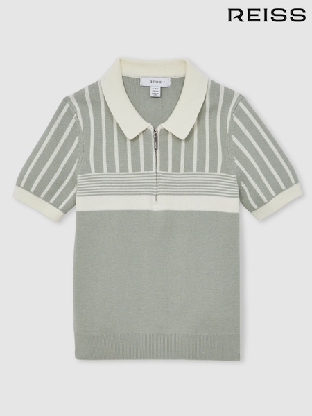 Reiss Sage Green/Off White Hugo Cotton Stripe Knit Half-Zip Polo Shirt (H47171) | €65