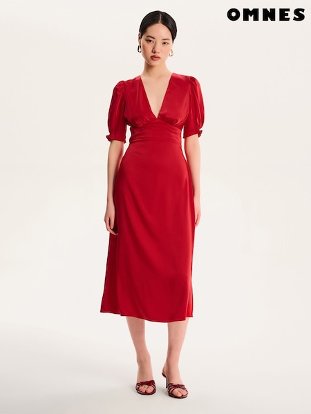Omnes Red Odette Puff Sleeve Midi V-Neck Dress (H47176) | €126