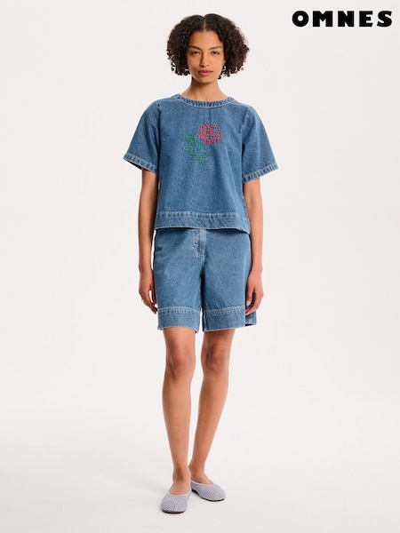 Omnes Cally 100% Cotton Cross-Stitched Embroidered Denim Blouse (H47177) | 387 LEI