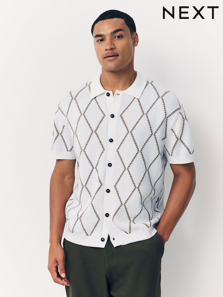 Ecru Argyle Knitted Button Through Shirt (H47179) | 178 QAR