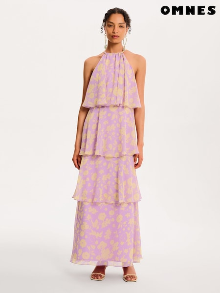 Omnes Purple Cleo Halterneck Tiered Chiffon Floral Maxi Dress (H47180) | €104
