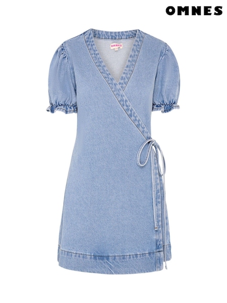 Omnes 100% Cotton Mikayla Puff Sleeve Wrap Mini Dress in Denim (H47195) | ‏297‏₪
