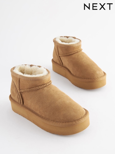 Tan Brown Wide Fit (G) Flatform Mini Warm Lined Water Repellent Suede Pull-On Boots (H47251) | €34 - €43