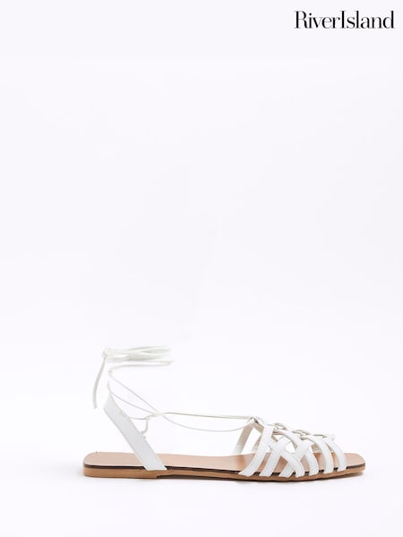 River Island White Wide Fit Caged Tie Up Flat Sandals (H47260) | R$ 375