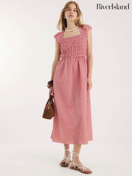 River Island Red Gingham Cap Sleeve Shirred Midi Dress (H47262) | €60