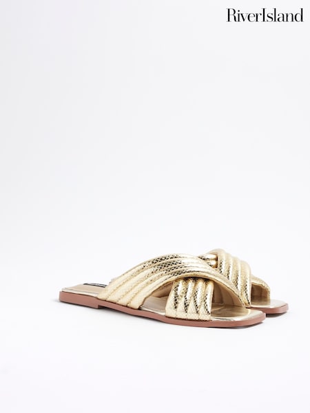 River Island Gold Padded Cross Strap Flat Mules (H47279) | €45