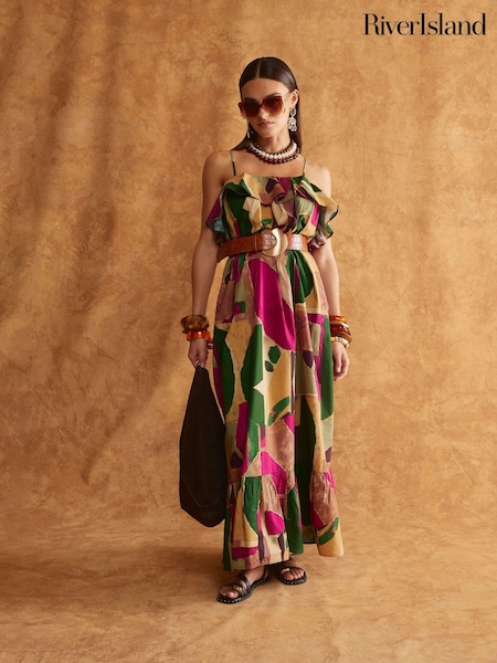 River Island Purple 100% Cotton Ruffle Maxi Dress (H47280) | R$ 475