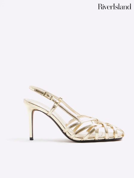 River Island Gold Caged Square Toe Heels (H47281) | €66