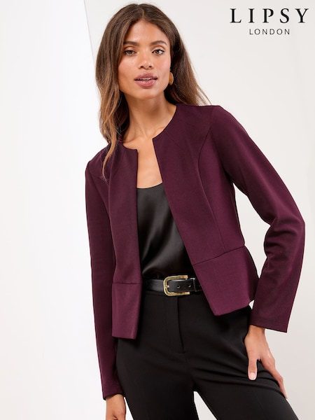 Lipsy Burgundy Red Cropped Collarless Blazer (H47301) | €50